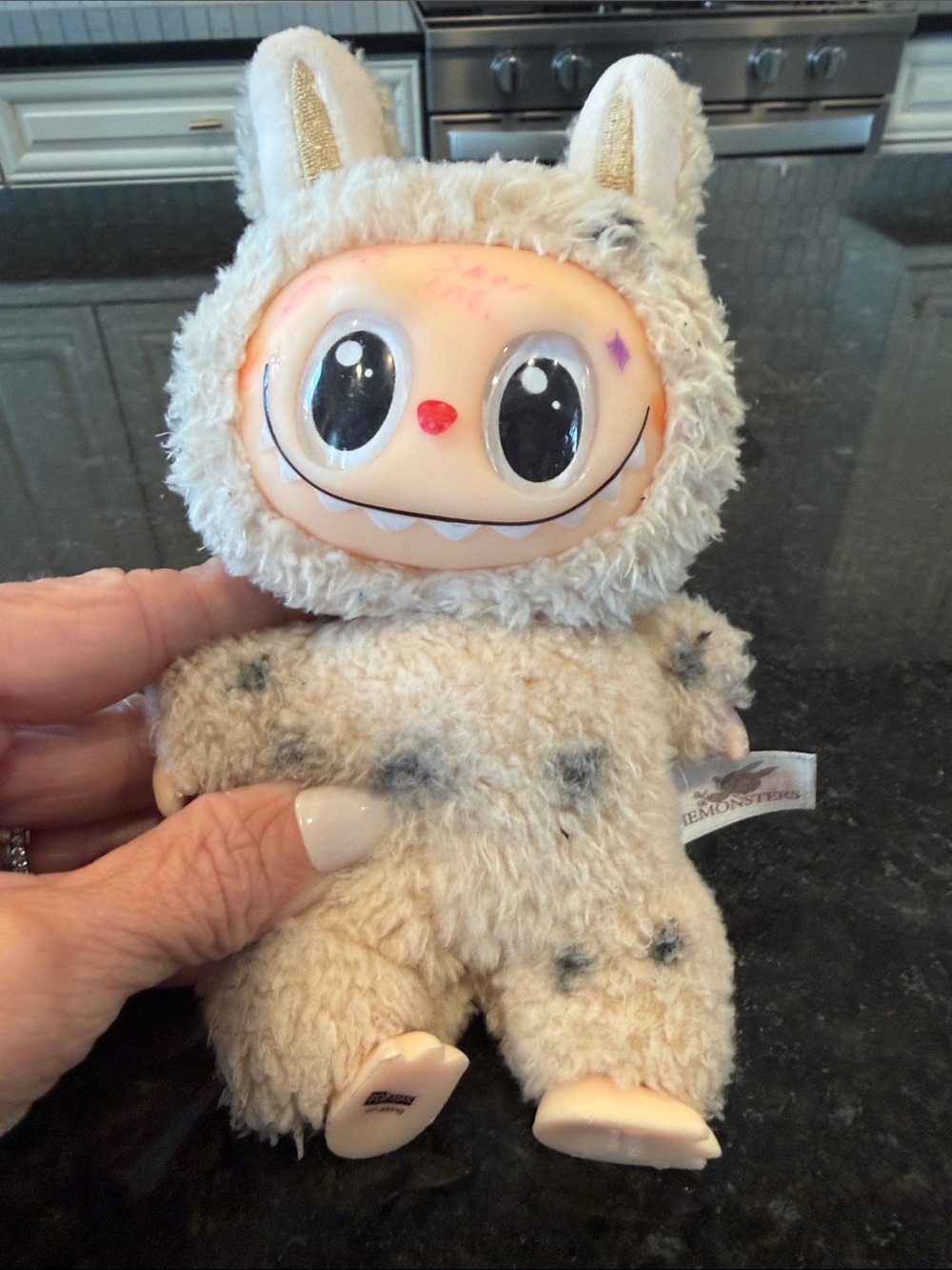 Cream Polka Dot Plush Monster Doll with Gold-Eared Hood